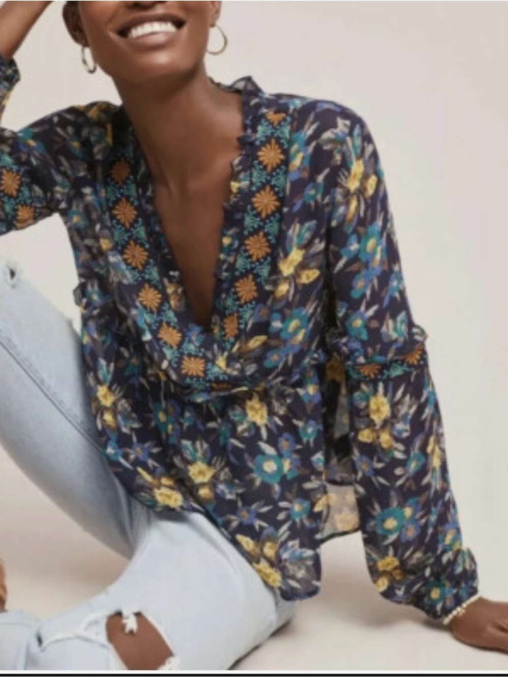 Anthropologie Relaxed  Meadow Rue Floral Boho Blouse XS Sheer V Neck Ruffle Top